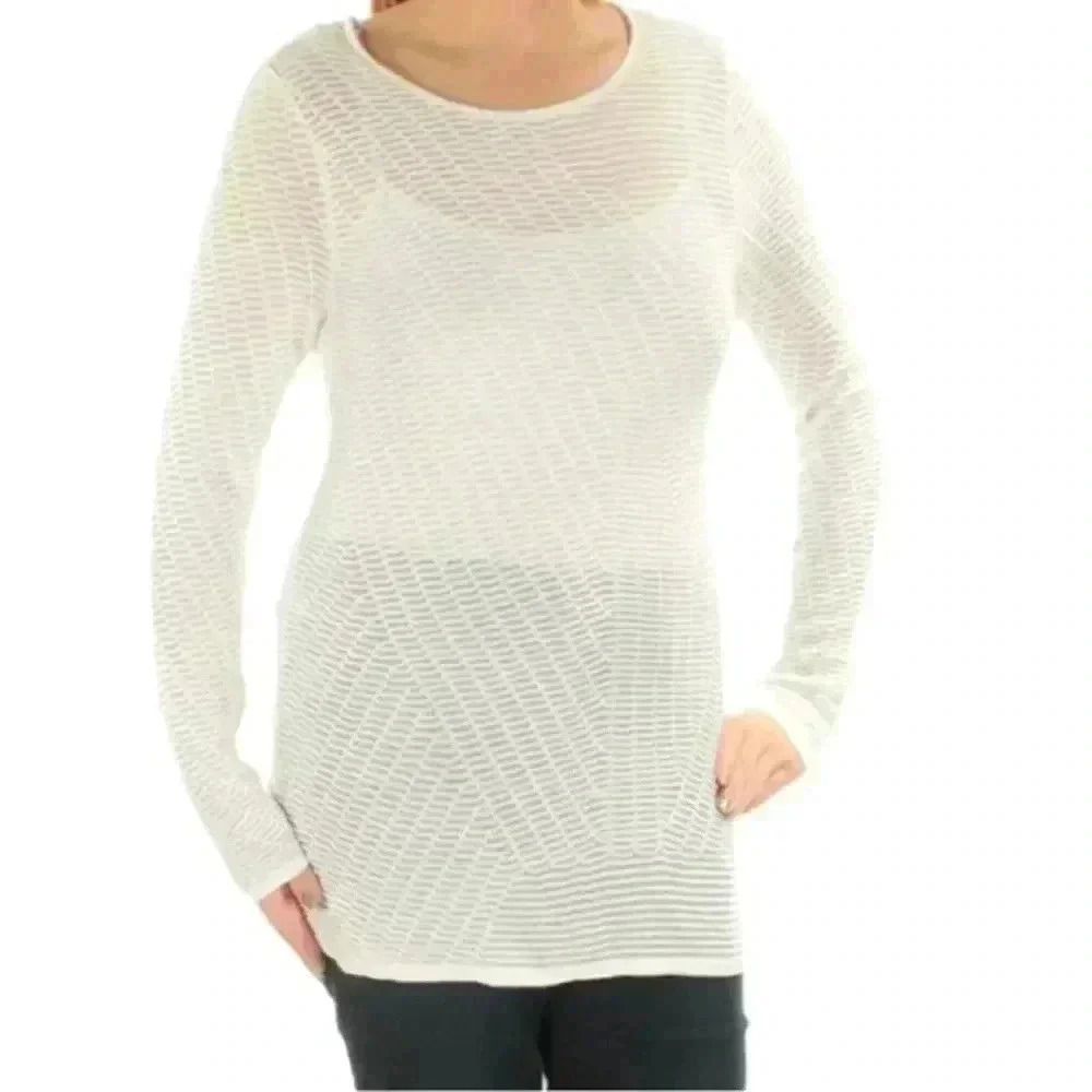 BAR III Womens Ivory Crisscross Back Long Sleeve Jewel Neck Top